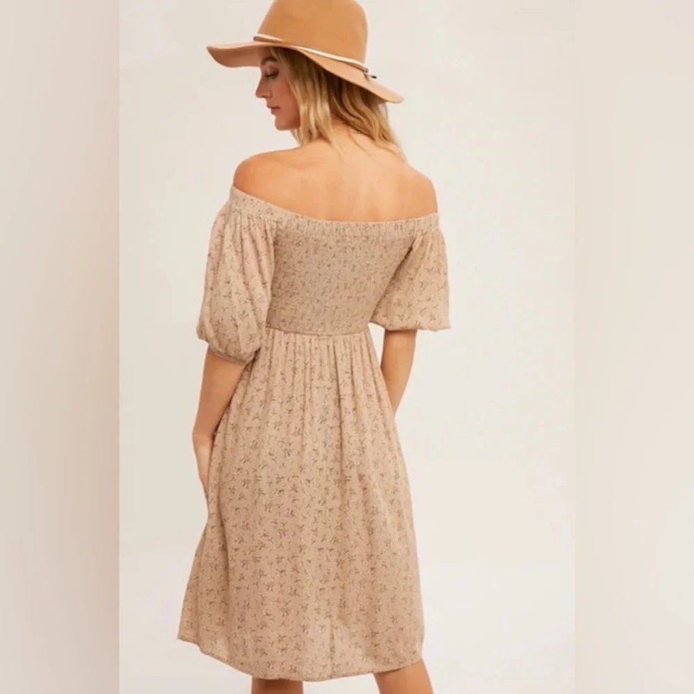 NWT Hem & Thread Taupe Floral Off Shoulder Puff Sleeve MIDI Dress size S - Picture 4 of 15